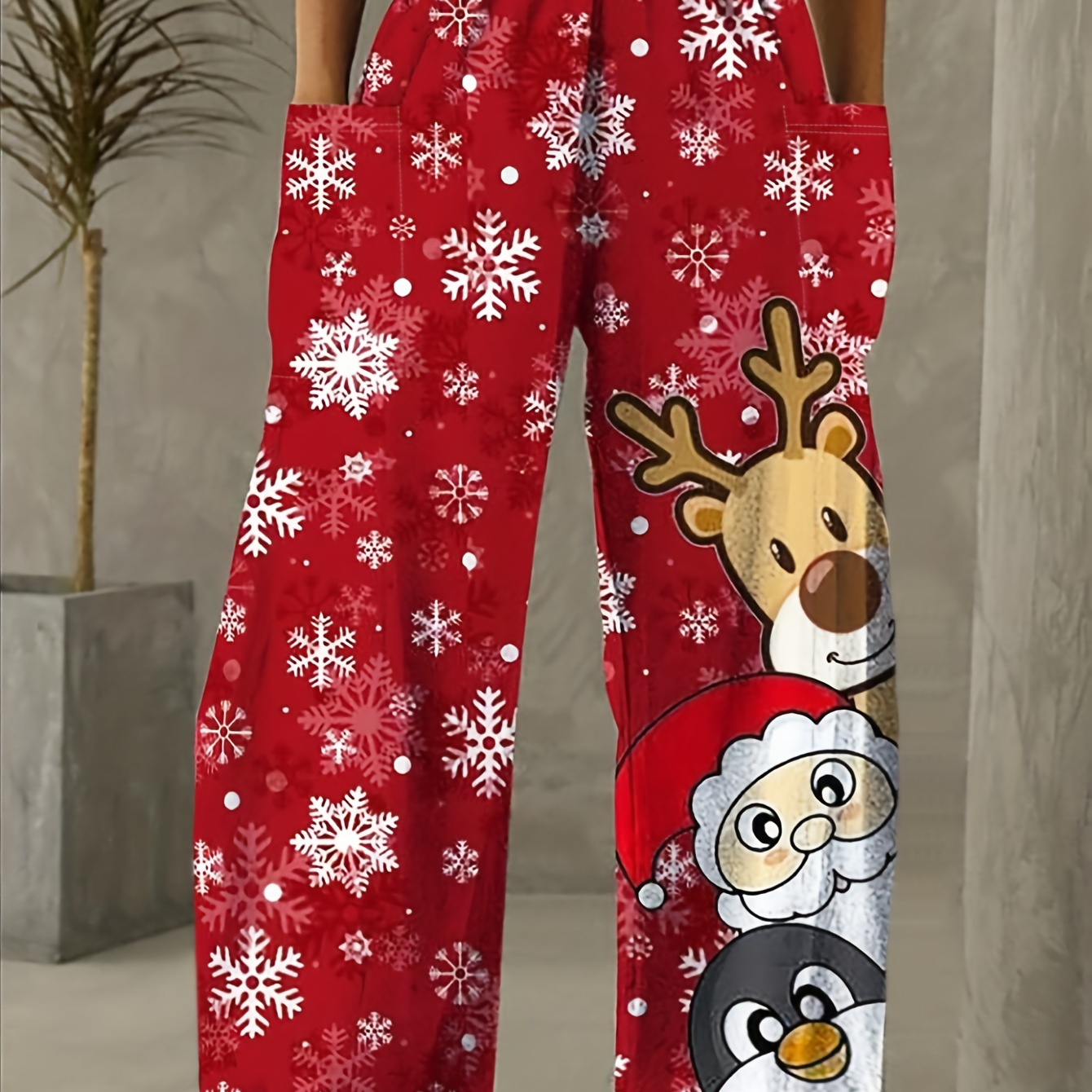 

Cute Christmas Print Elastic Waist Pants, Casual Pants With Pocket For Fall & Winter, Women's Clothing