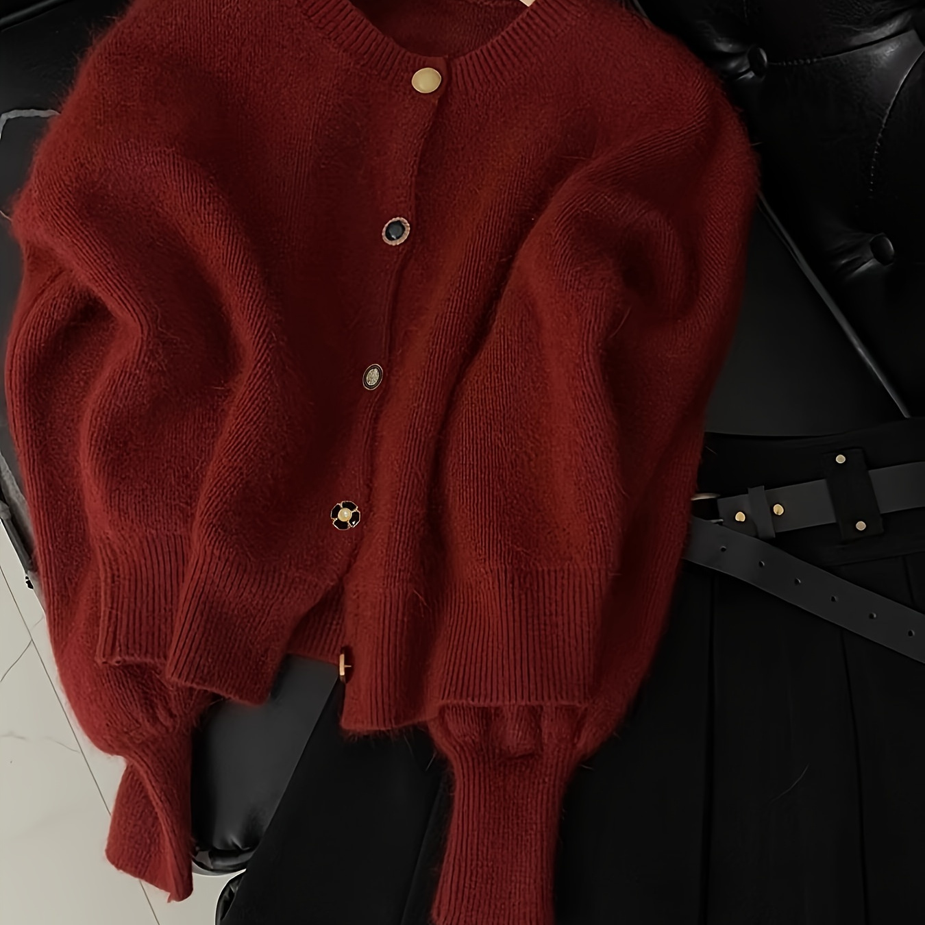 

[everyday ] Women's Elegant Red Knit Cardigan - Cozy Thick Sweater With Round Neck, Slimming Loose Fit, Warm Button- For All , Cute Sweaters