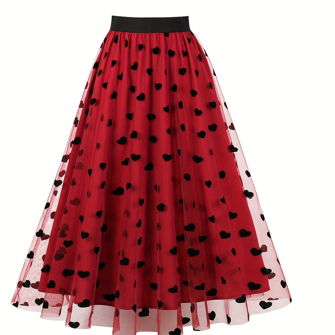 

1pc Elegant Polyester Tulle Midi Skirt For Women, Heart Pattern, A-line, Embroidered Detail, Regular Length, , Flared Hem