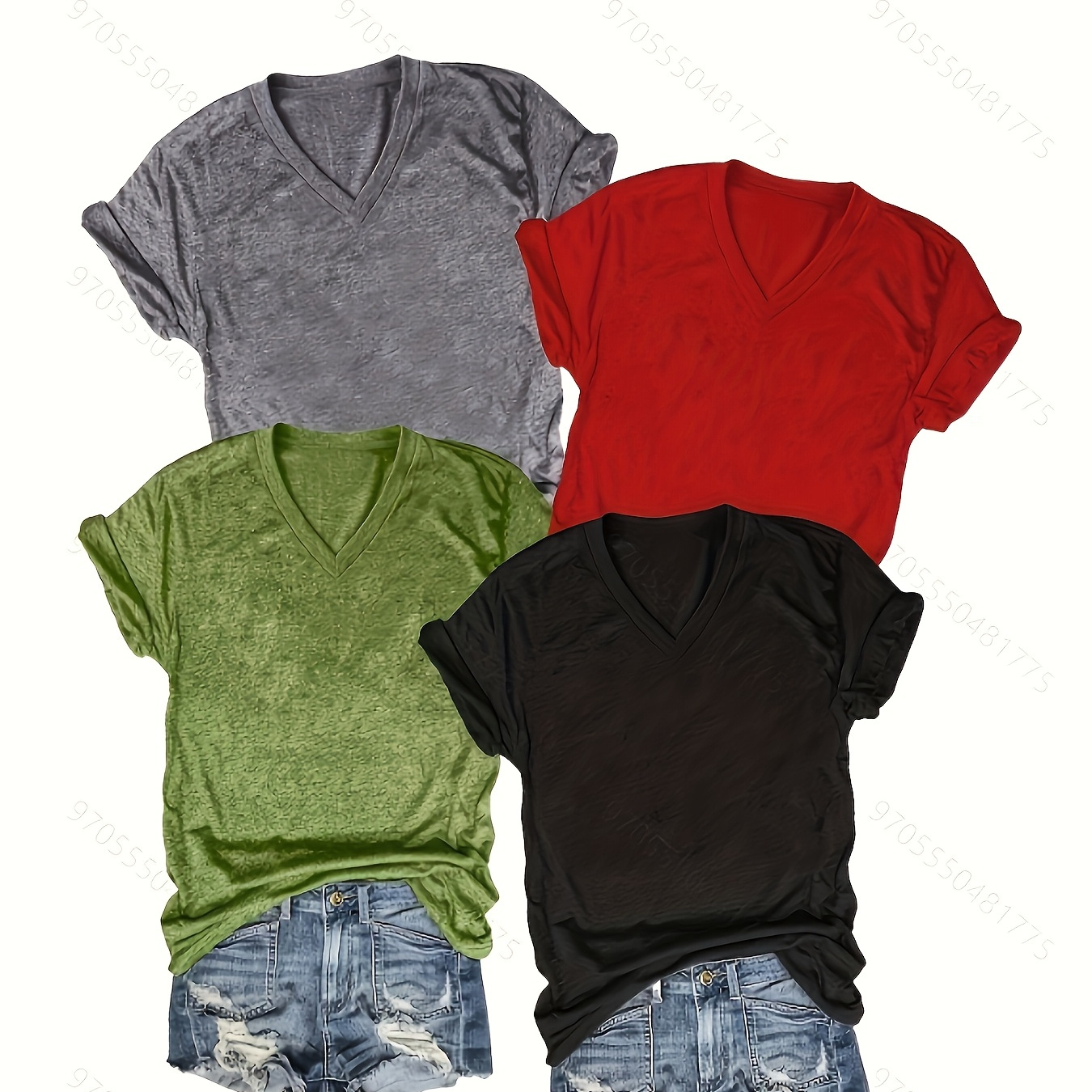 

4-pack Women's Casual V-neck T-shirts, Summer Short Sleeve Solid Color Tops, Polyester 60%, Rayon 35%, Spandex 5%, Knit Fabric, 180g/m² - Grey, Red, Green, Black