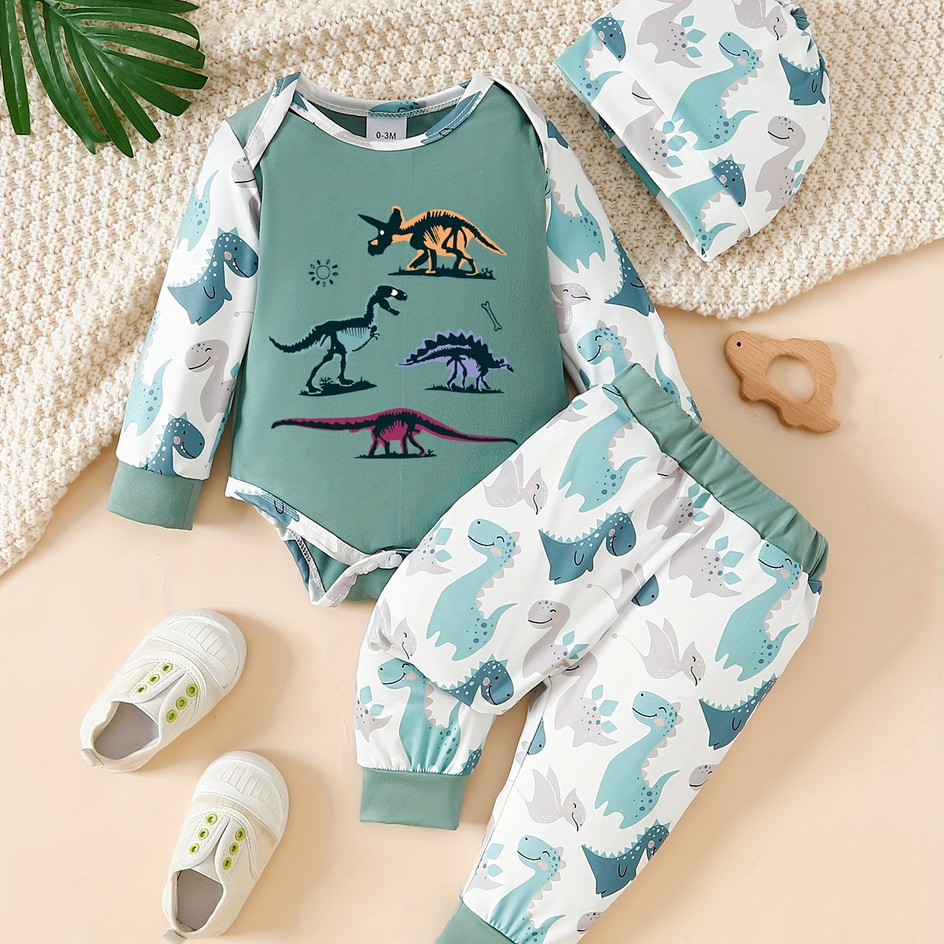 

2pcs Baby's Cartoon Dinosaur Pattern Long Sleeve Bodysuit & Hat & Casual Pants, Toddler & Infant Boy's Clothing Set