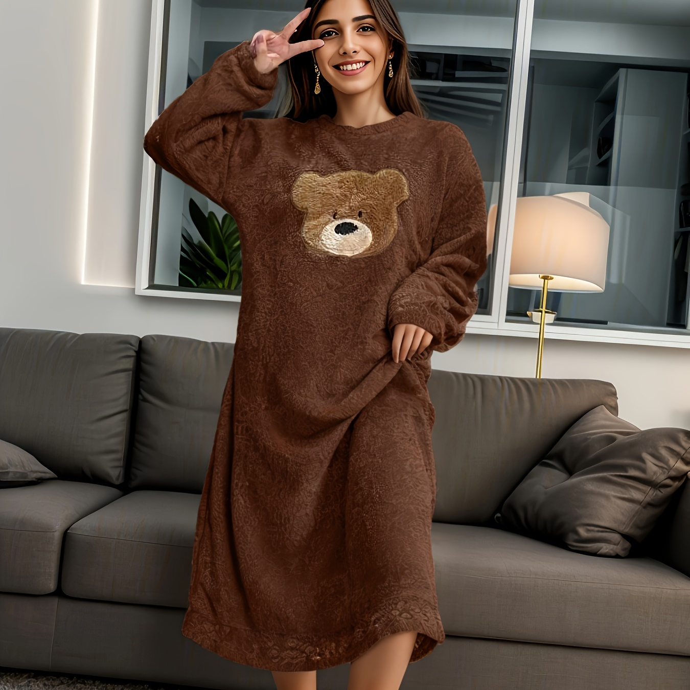 

Women's Bear Print Fleece Thick Sleepwear Dress, Long Sleeve Round Neck Loose Fit Midi Dress, Comfortable Nightgown For Autumn & Winter