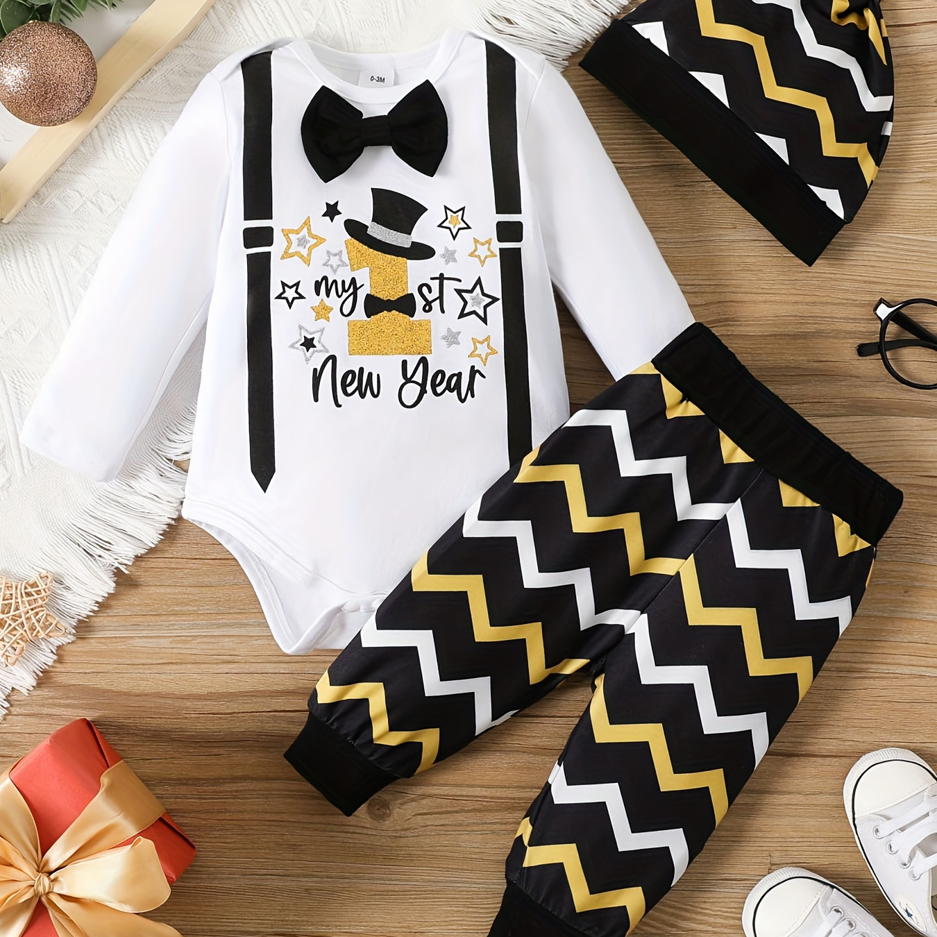 

New Years Infant Boy Bow Tie Outfit - Long-sleeved Romper & Striped Pants & Hat 3pcs Set