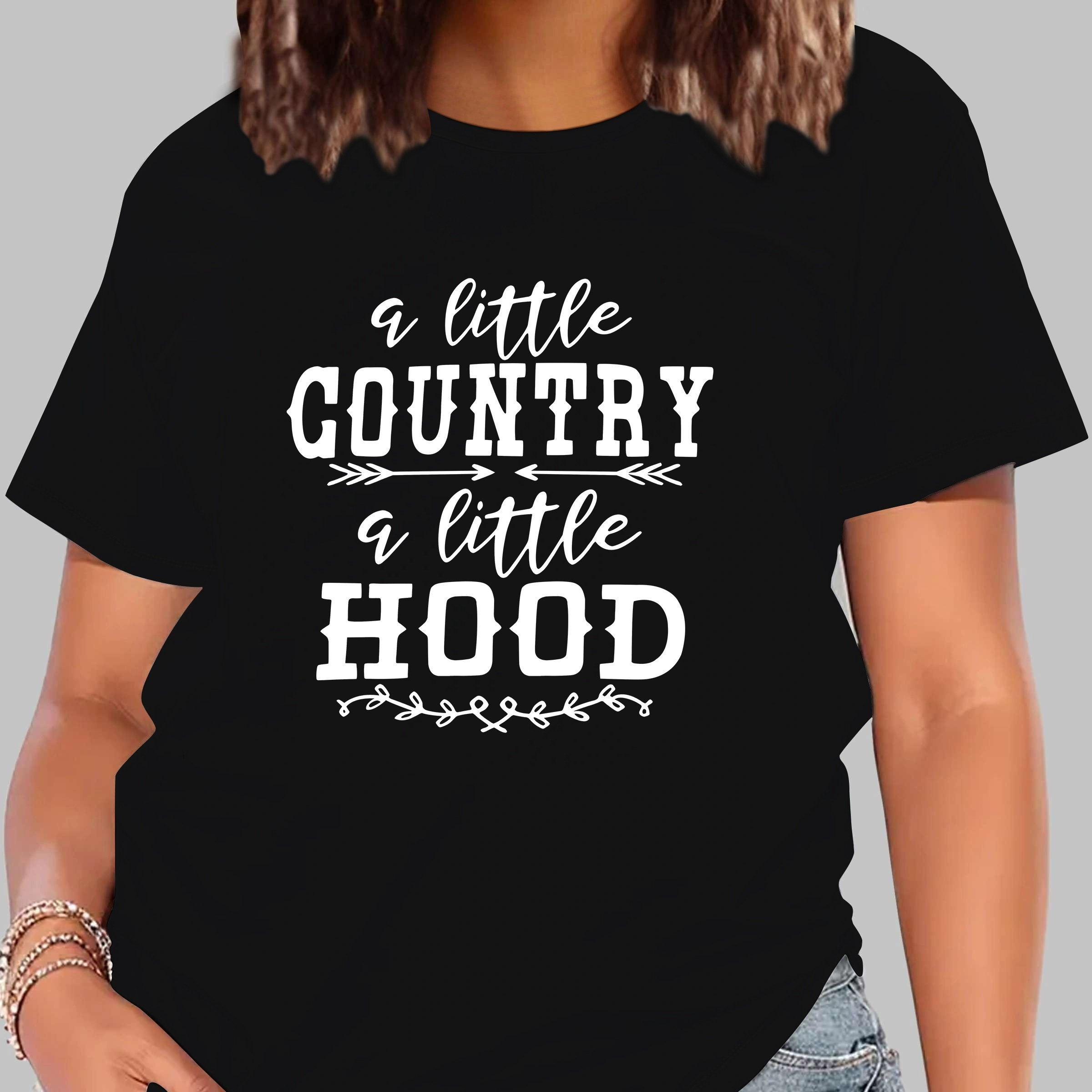 

Women's Casual Loose Fit T-shirt With "a Little Country A " Slogan, Comfortable, Home & Outdoor Wear, Fun Letter Print, Versatile For Work & Social Gatherings, Round Neck Short Sleeve Top