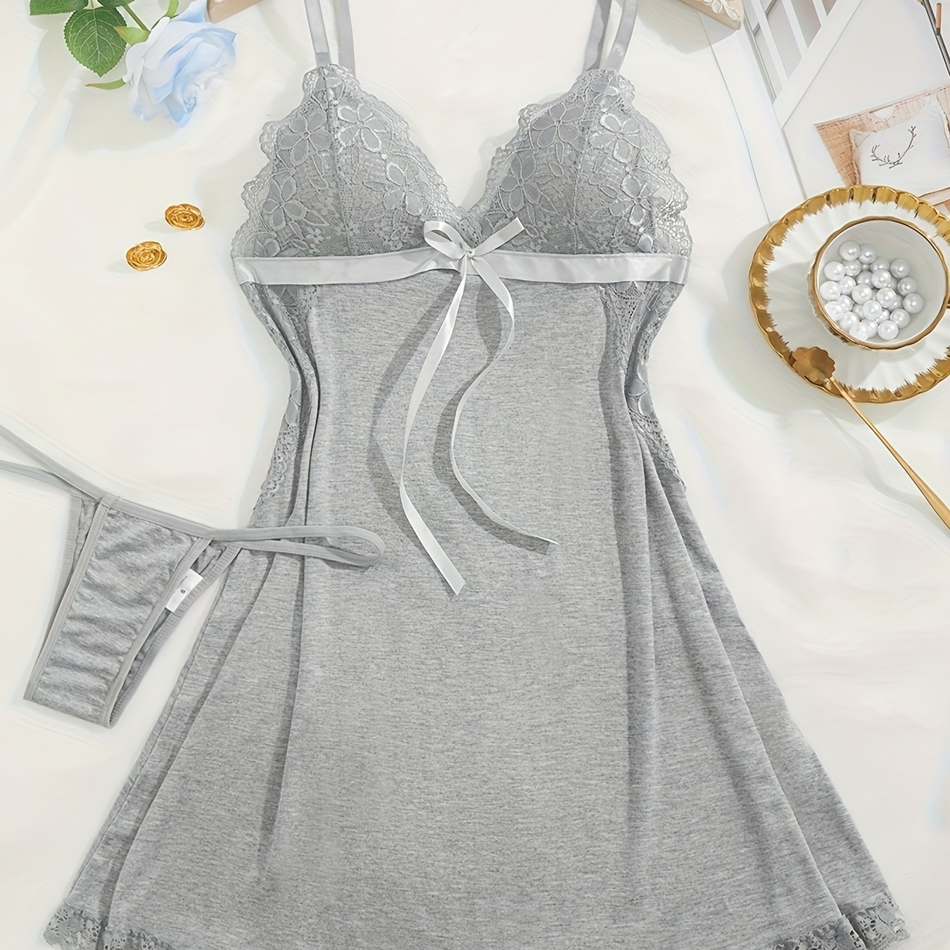 

Elegant Solid Contrast Lace Pajama Set, Bow Decor V Neck Backless Slip Dress & Thong, Women's Sleepwear