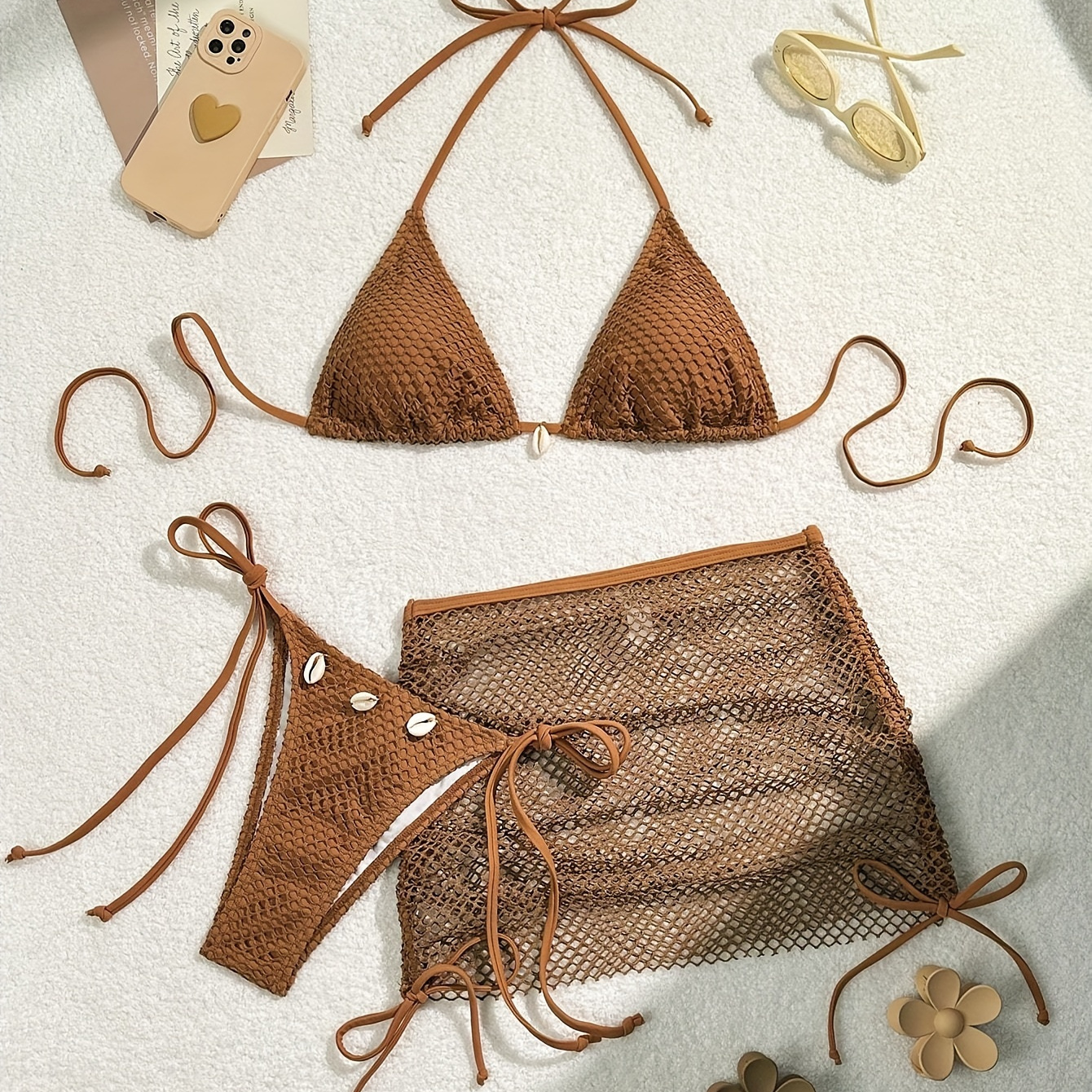 

Elegant 3pcs Brown Bikini Set With Shell Accents, Halter Neck Ties, And Sheer Mesh Cover-up Skirt - High Stretch, Non-transparent Nylon/elastane For Beach Vacations