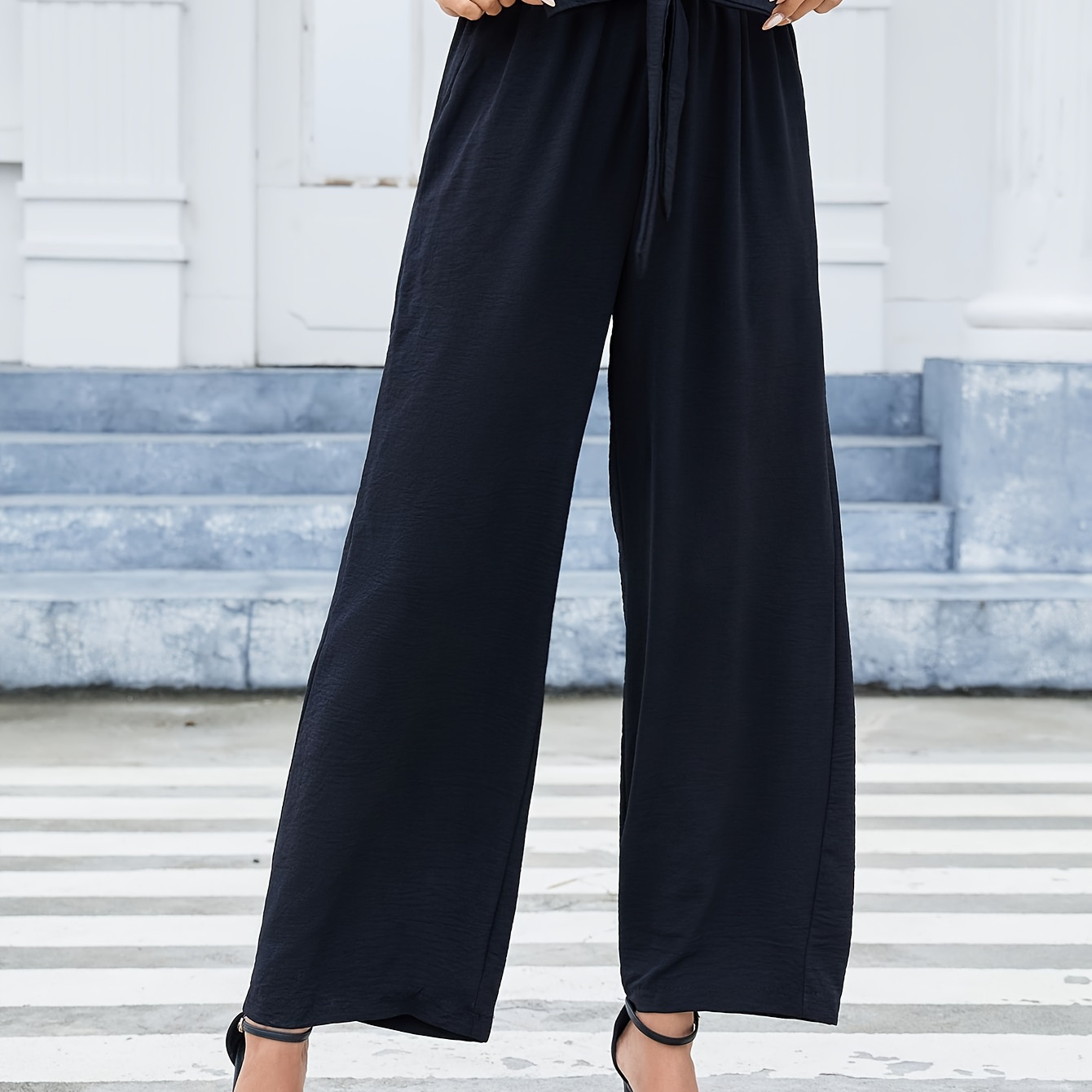 Solid Elastic Waist Pants Casual Wide Leg Long Length Pants - Temu