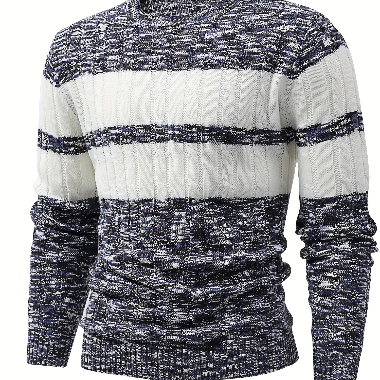 

All Match Knitted Color Block Sweater, Men's Casual Warm Mid Stretch Round Neck Pullover Sweater For Fall Winter