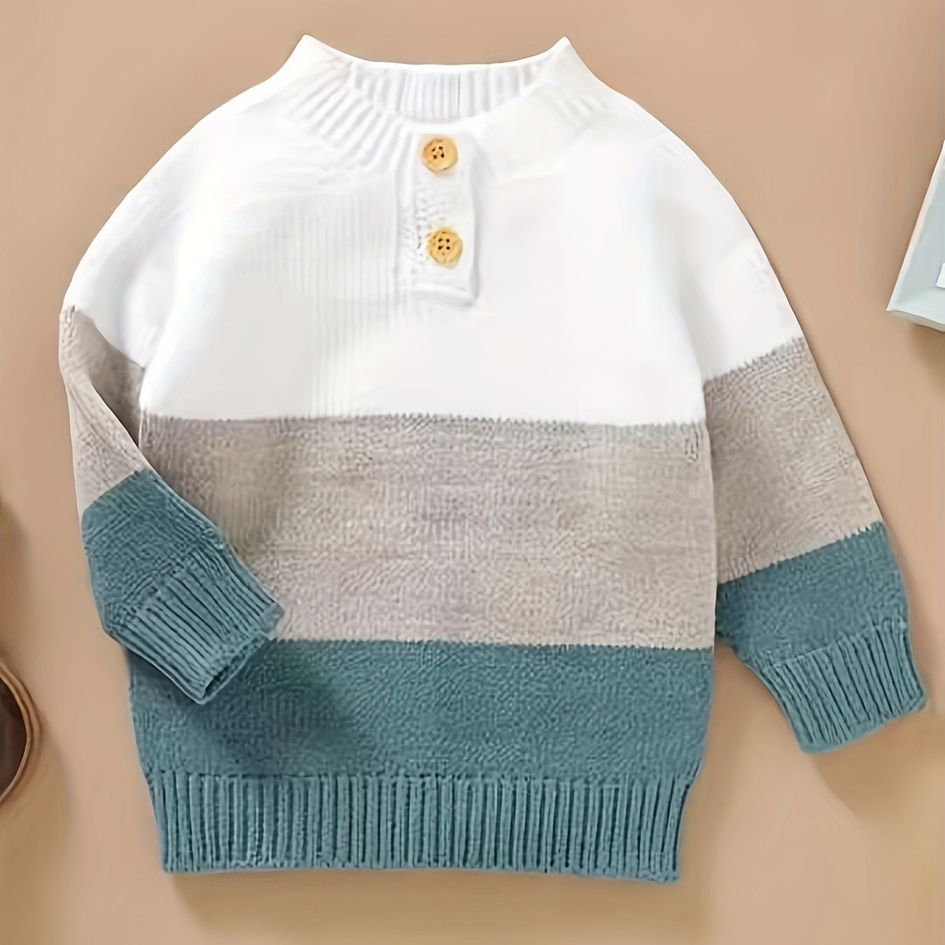 

Pull rayé en tricot pour garçons, haut à manches longues avec col mao et détails boutonnés, tenue décontractée automne/hiver pour garçons