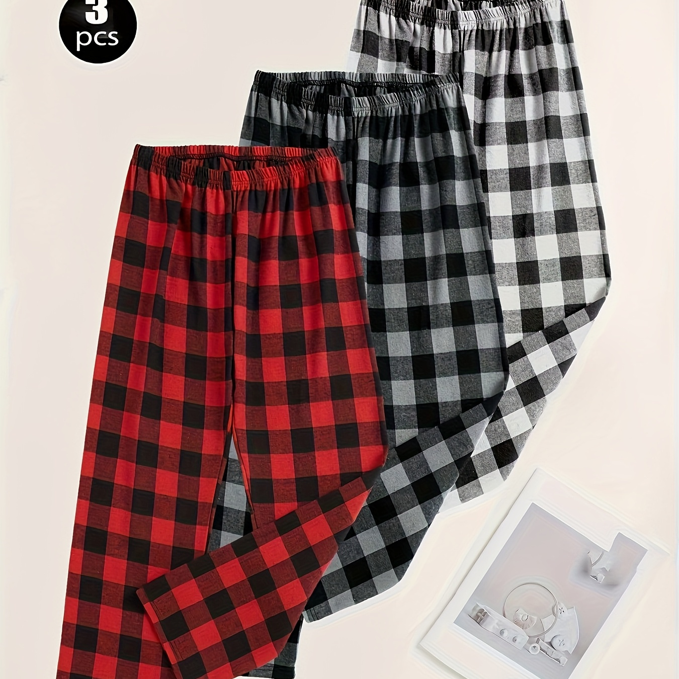 Men's 3pcs Plaid Print Pajama Pants Set, Casual Style