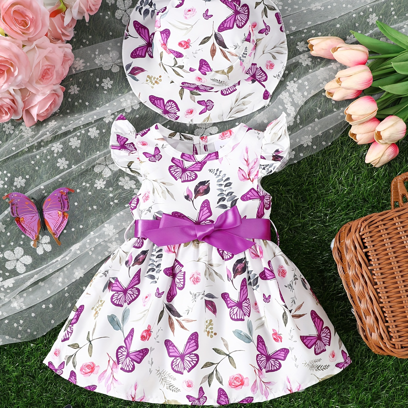 

Baby's Cartoon Butterfly All-over Print Belted Dress & Hat, Casual Cap Sleeve Dress, Infant & Toddler Girl's Clothing For Summer/spring
