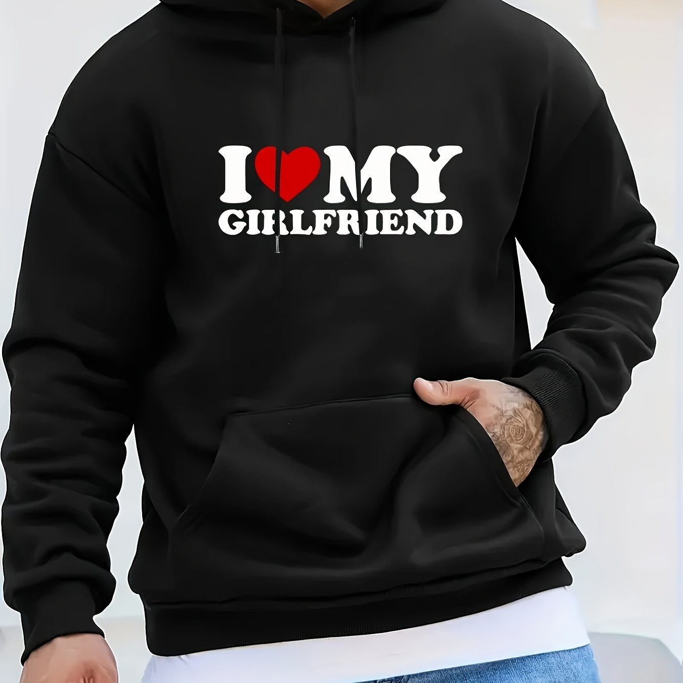 

I Love My Girlfriend" Men's Hoodie - Casual & Sporty, Long Sleeve Pullover With Kangaroo Pocket, Stretch Polyester , Machine Washable