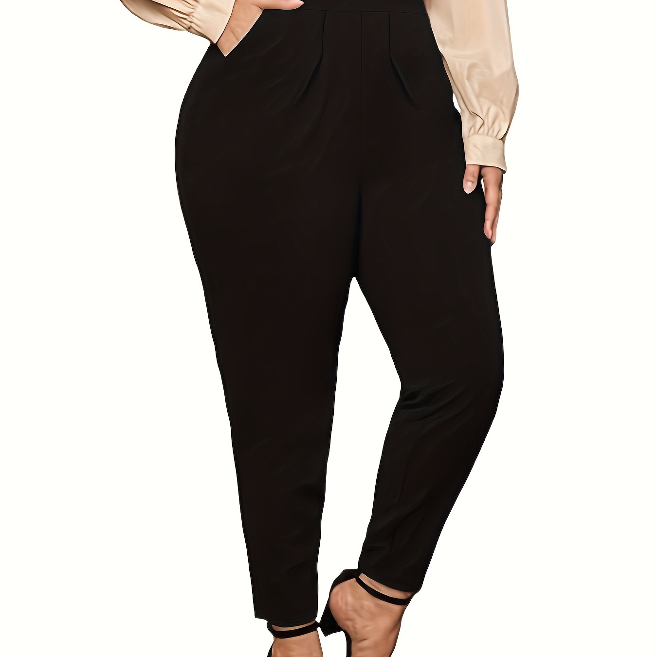 

Plus Size Business Casual Pants, Women's Plus Pleated Detail Pencil Trousers With Slant Pocket