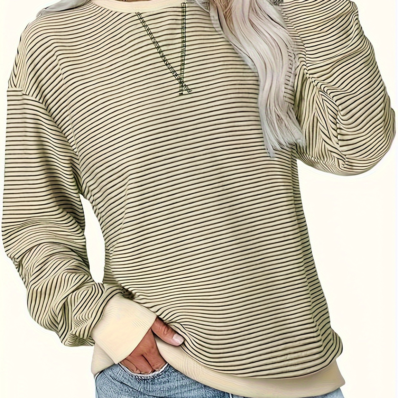 

Women's Striped Long Sleeve Sweatshirt - Casual Crew Neck, Soft Polyester , Machine Washable