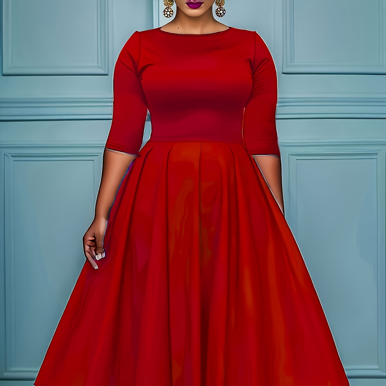 

1pc Robe rouge ajustée et évasée pour femme, tissu en de polyester légèrement extensible, dégagée, couleur unie, robe de soirée toutes