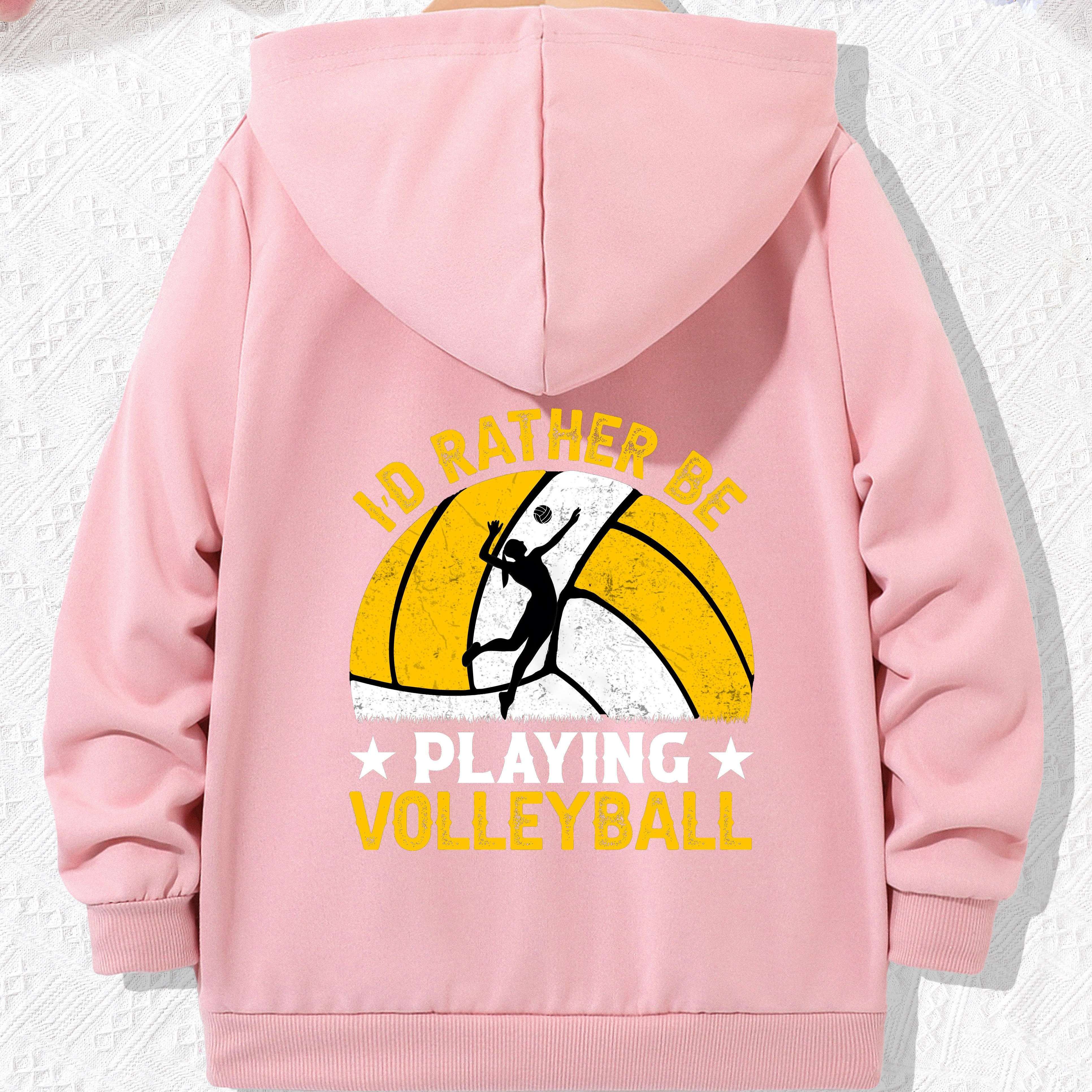 

'rather Be Playing Volleyball' Back Print Girls Boys Fashion Hoodie Jacket, Lightweight Casual Zip Front Sporty Jackets With Pockets