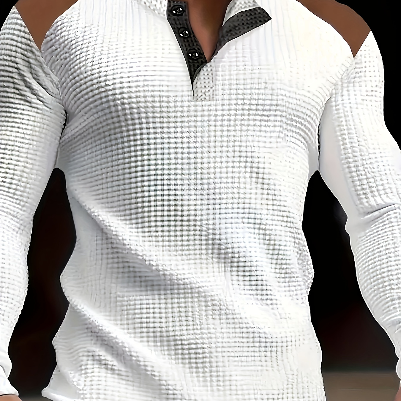 

Casual Crew Neck Waffle Knit Henley Shirt For Men With Color Block Design And Button Details, Polyester 100%, Long Sleeve, Slight Stretch Fabric For Spring/fall, Regular Fit Knit Top