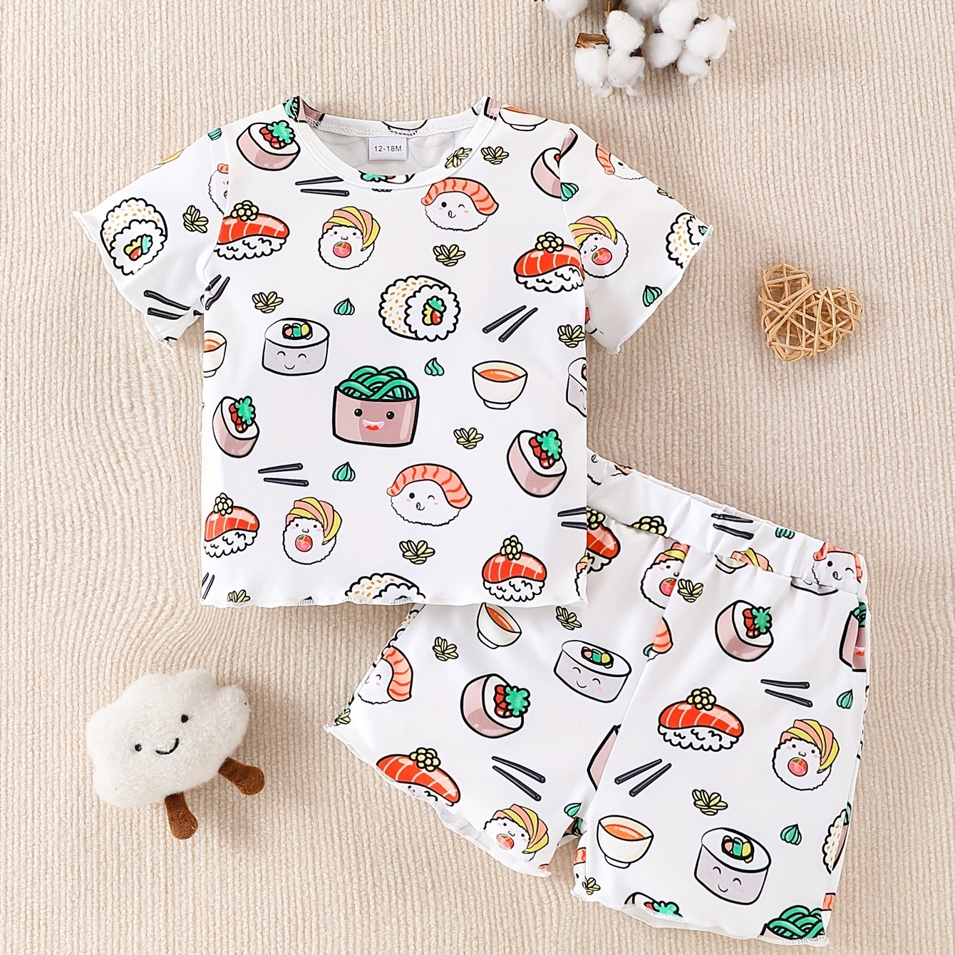 

Baby's Cartoon Sushi Full Print 2pcs Casual Summer Outfit, T-shirt & Shorts Set, Toddler & Infant Girl's Clothes For Daily/holiday/party