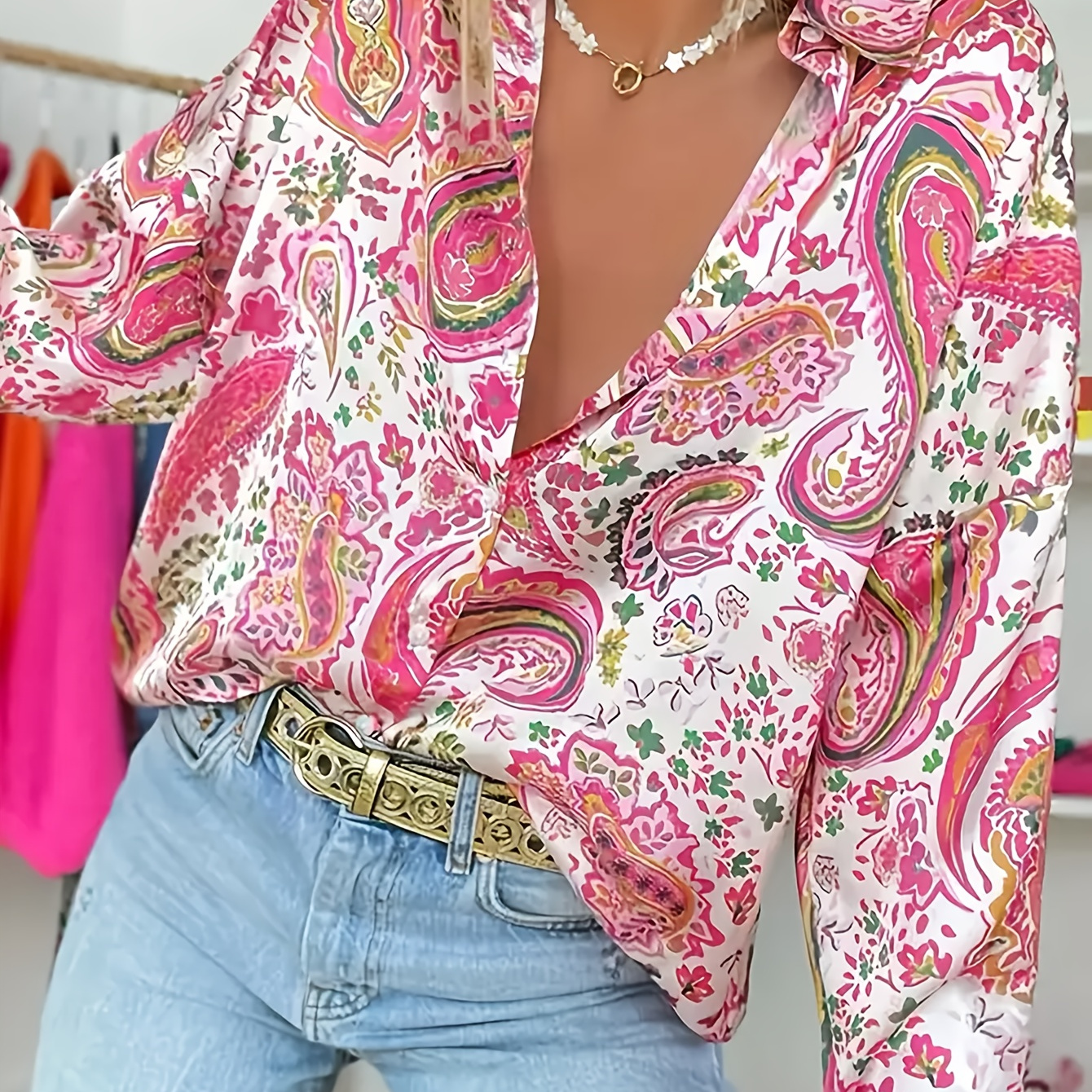 

Elegant Women's Paisley Print Long Sleeve Blouse With Button Front - Chic Collared Polyester Shirt, Machine Washable, Spring & Fall Fashion