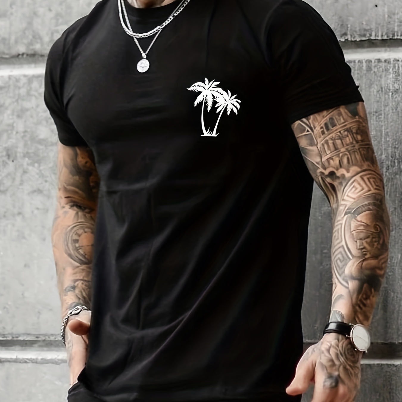 Sketch Style Palm Tree Pattern Top Casual Mid Stretch Short Sleeve Crew Neck Graphic T-shirt, Men's Tee For Summer Outdoor