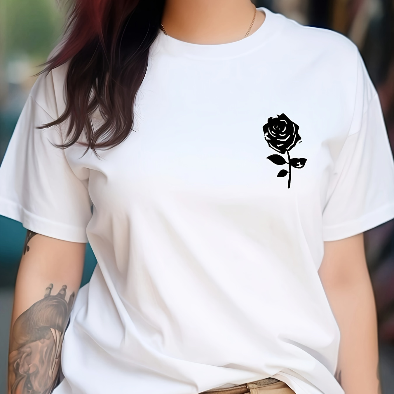 

Flower Graphic Short Sleeves Sports Tee, Round Neck Workout Causal T-shirt Top, Women's Activewear