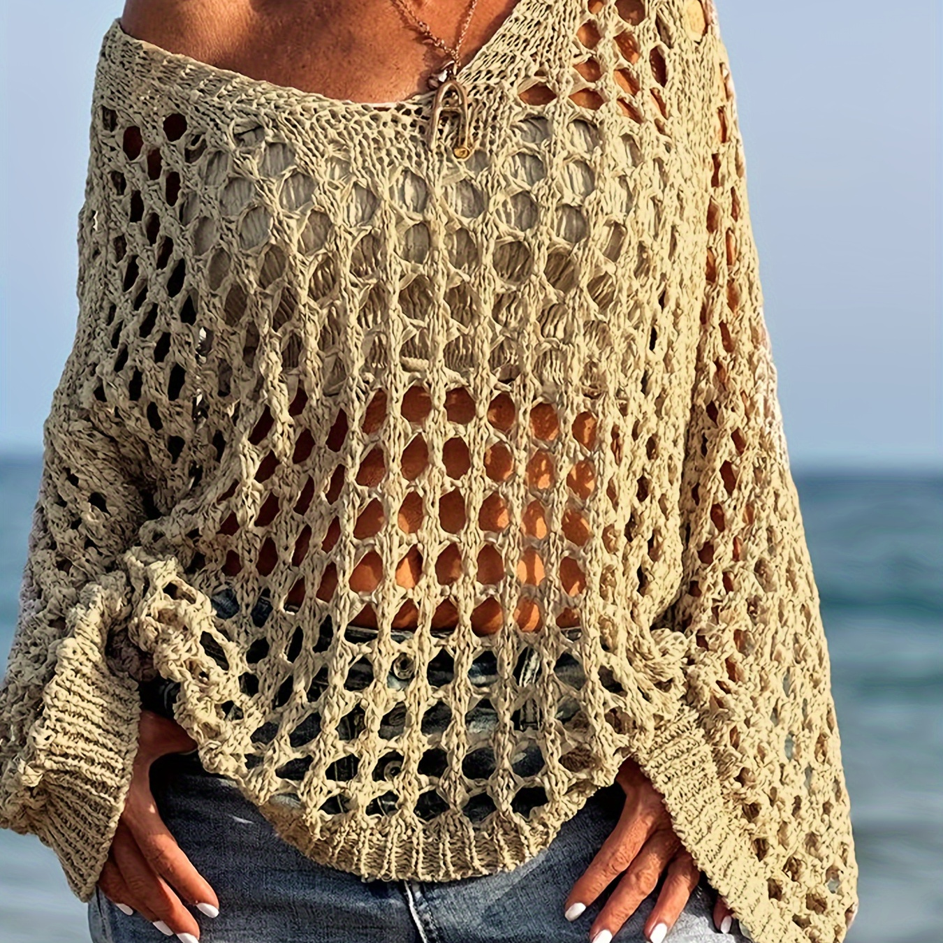 

Solid Hollow Out Crochet Coverup, Casual V Neck Long Sleeve Loose Top, Women's Clothing