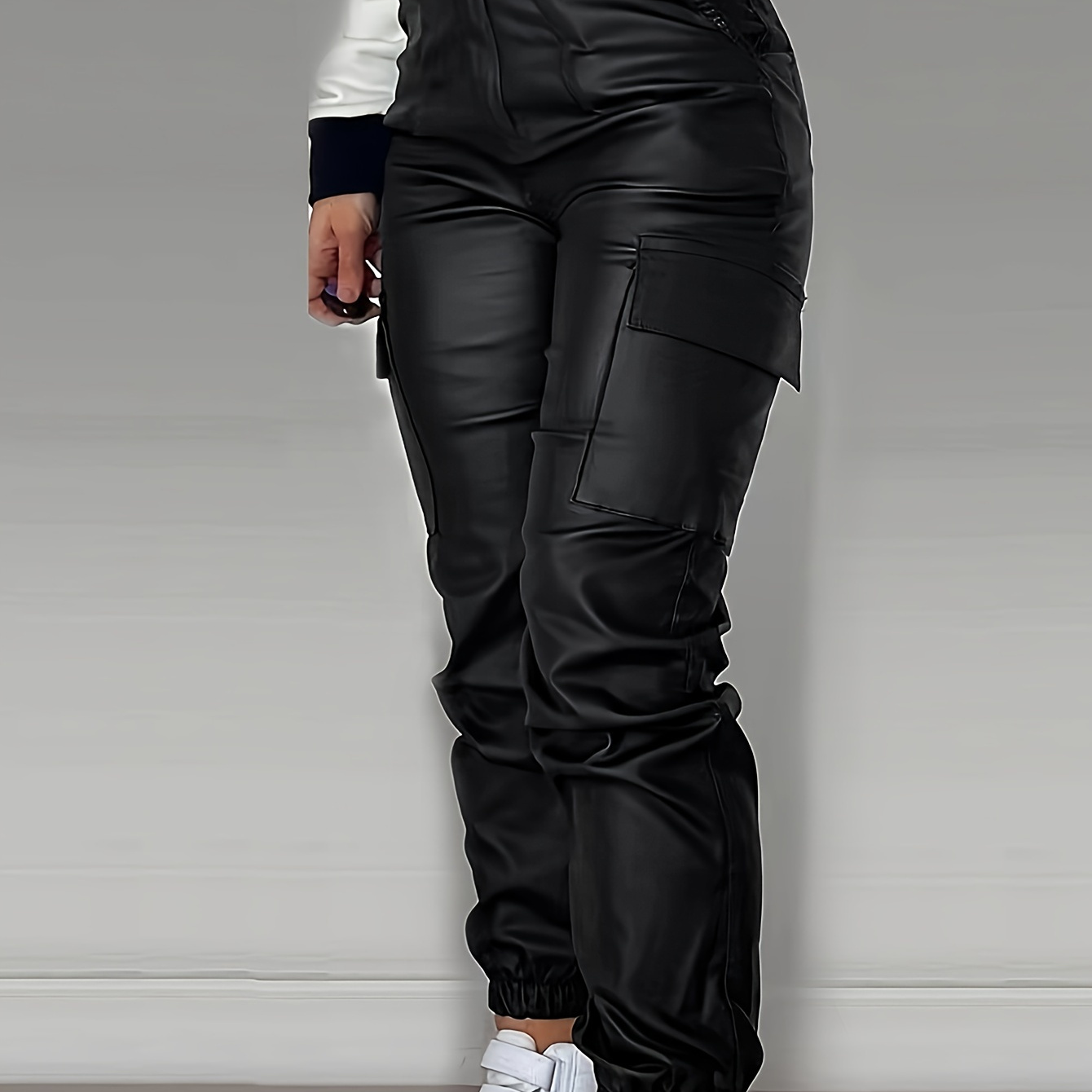 

Women's Pu Leather Motorcycle Pants, Stylish Zipper Pleated With Fashionable Side Pockets, Casual High-waisted Patch Bag Leggings, Skinny Fit, Casual Streetwear - Fall & Winter