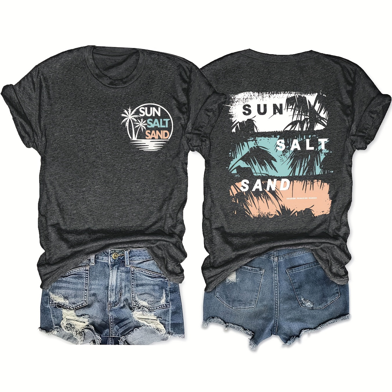 

Coconut Tree Print T-shirt, Casual Crew Neck Short Sleeve Top For Spring & Summer, Women's Clothing