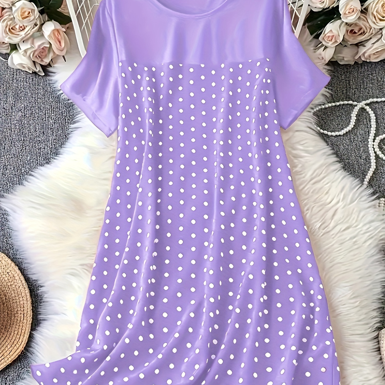 

Women's Plus Casual Nightdress, Plus Size Polka Dot Print Short Sleeve Round Neck Sleep Dress