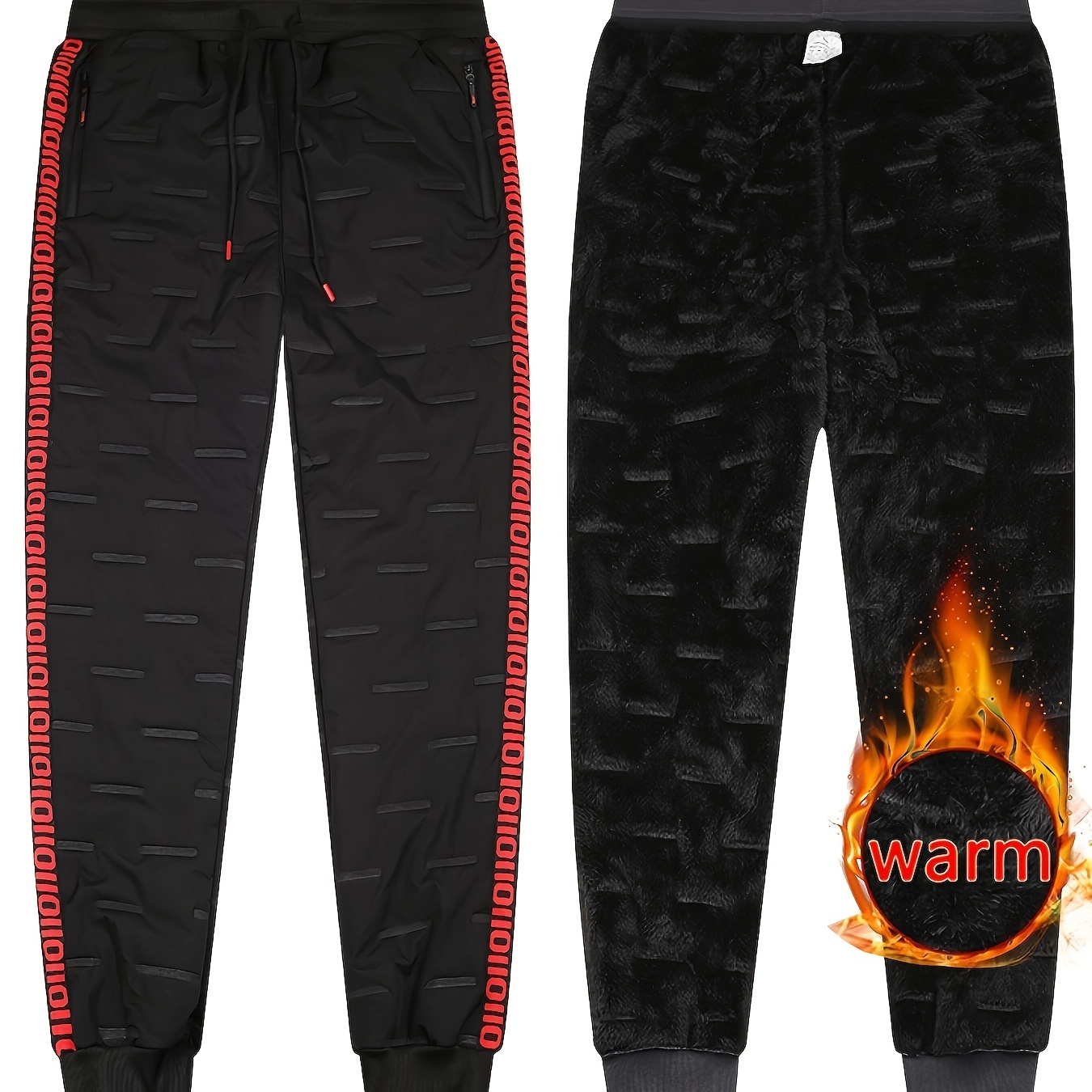 

Men's Fleece-lined Warm Joggers - Thick, Athletic Sweatpants With Drawstring & Zipper Pockets For Winter Outdoor Activities