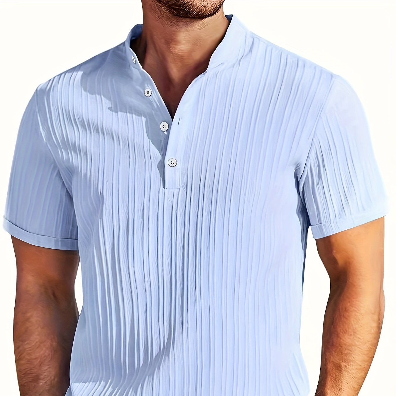 

Solid Color Men's Short Sleeve Stand Collar Henley Shirt With Stripe Pattern Fabric, Chic And Trendy Tops For Summer Daily Wear And Vacation Resorts