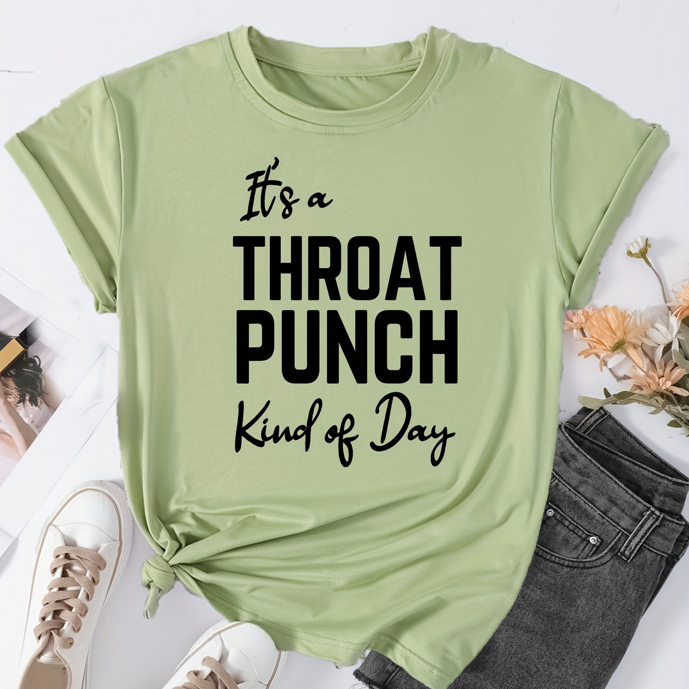 

Throat Punch Print T-shirt, Casual Short Sleeve Crew Neck Top For Spring & Summer, Women's Clothing