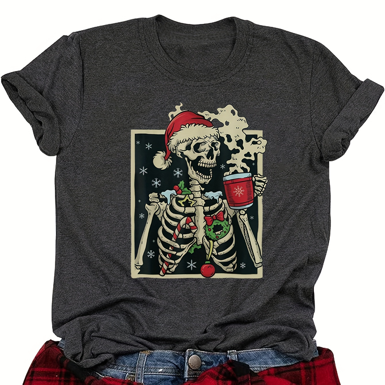 

Christmas Skeleton Print Crew Neck T-shirt, Casual Short Sleeve Top For Spring & Summer, Women's Clothing