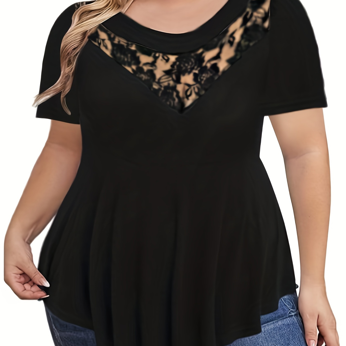 

Plus Size Contrast Lace Jacquard Short Sleeve Tops, Women's Plus Irregular Hem Elegant T-shirt