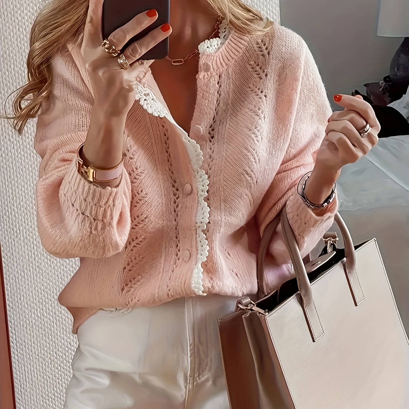 

Elegant Light Pink Lace-trimmed Cardigan For Women - Chic Short Knit Sweater With V-neck And Ruffle Details, Spring/summer/fall, Acrylic .0% - Stylish & Sheer Design