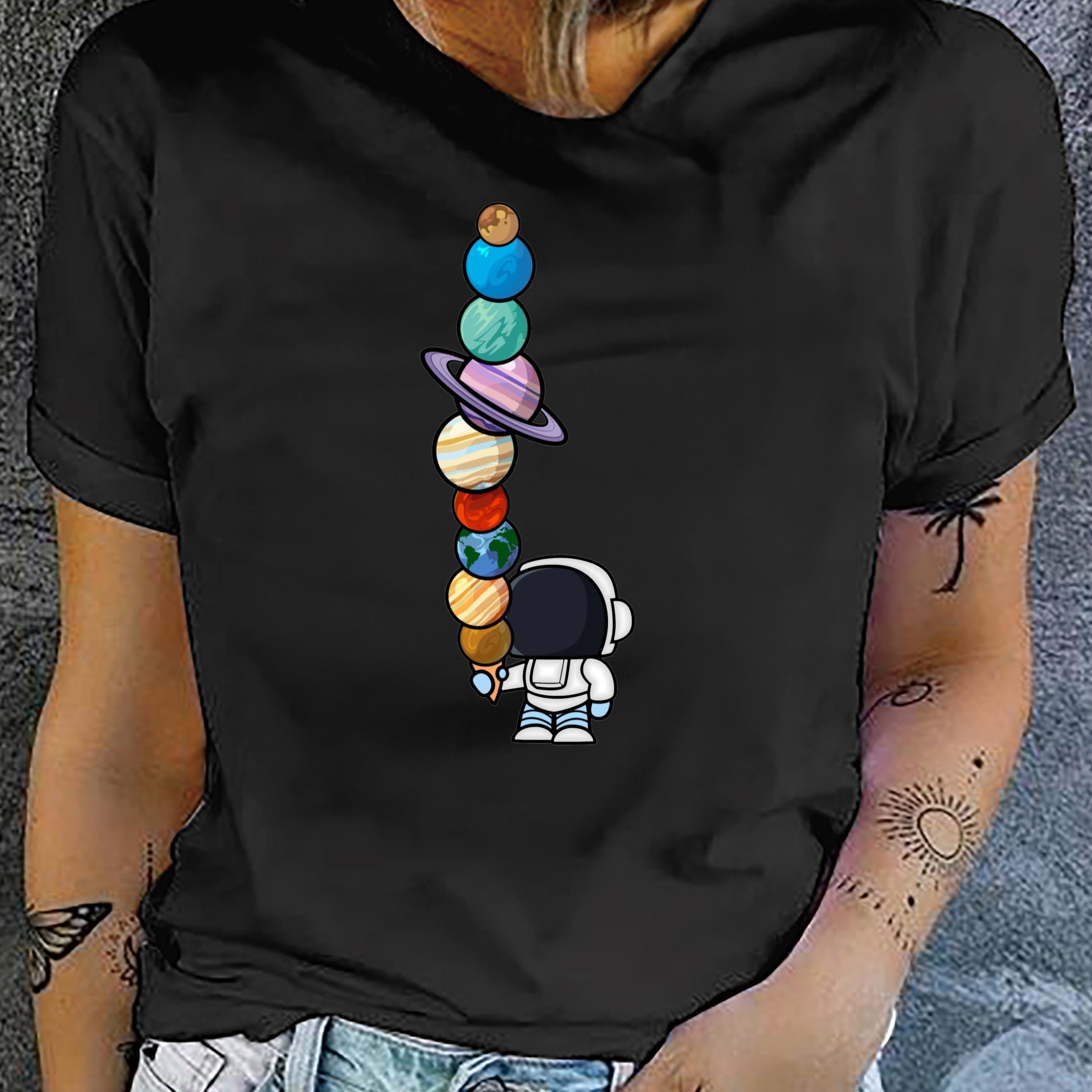

Astronaut & Planets Print T-shirt, Short Sleeve Crew Neck Casual Top For Summer & Spring, Women's Clothing