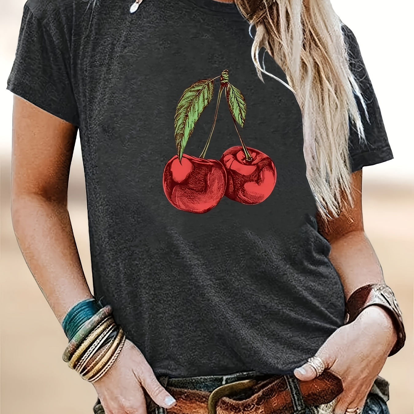 

Cherry Print T-shirt, Short Sleeve Crew Neck Casual Top For Summer & Spring, Women's Clothing