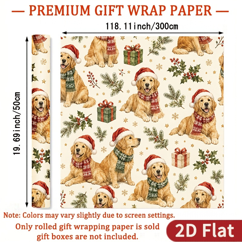 TEMU 1 Roll 2d Flat Christmas Golden Retriever Wrapping Paper Gift Glossy Paper - Off-white Background, Golden Retriever Wearing Santa Hat And Knit