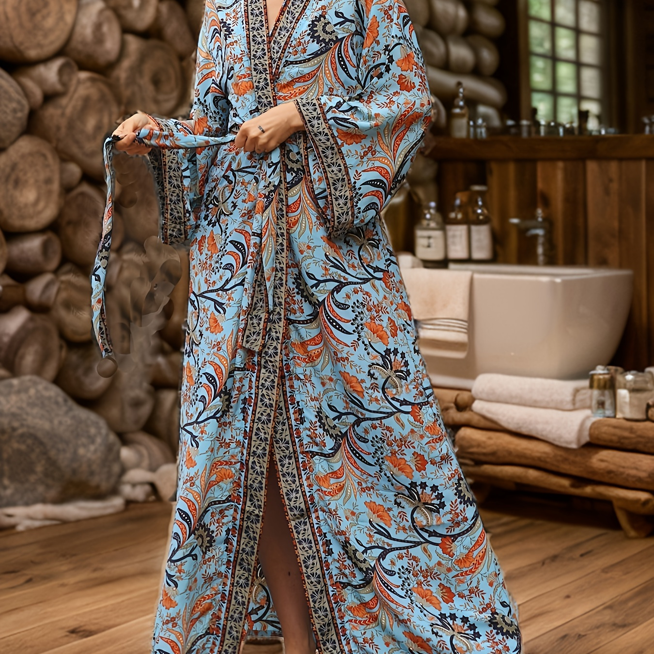 

Size Women's Long Robe With Full Print, V-neck, Tie Waist - Spring/summer/fall