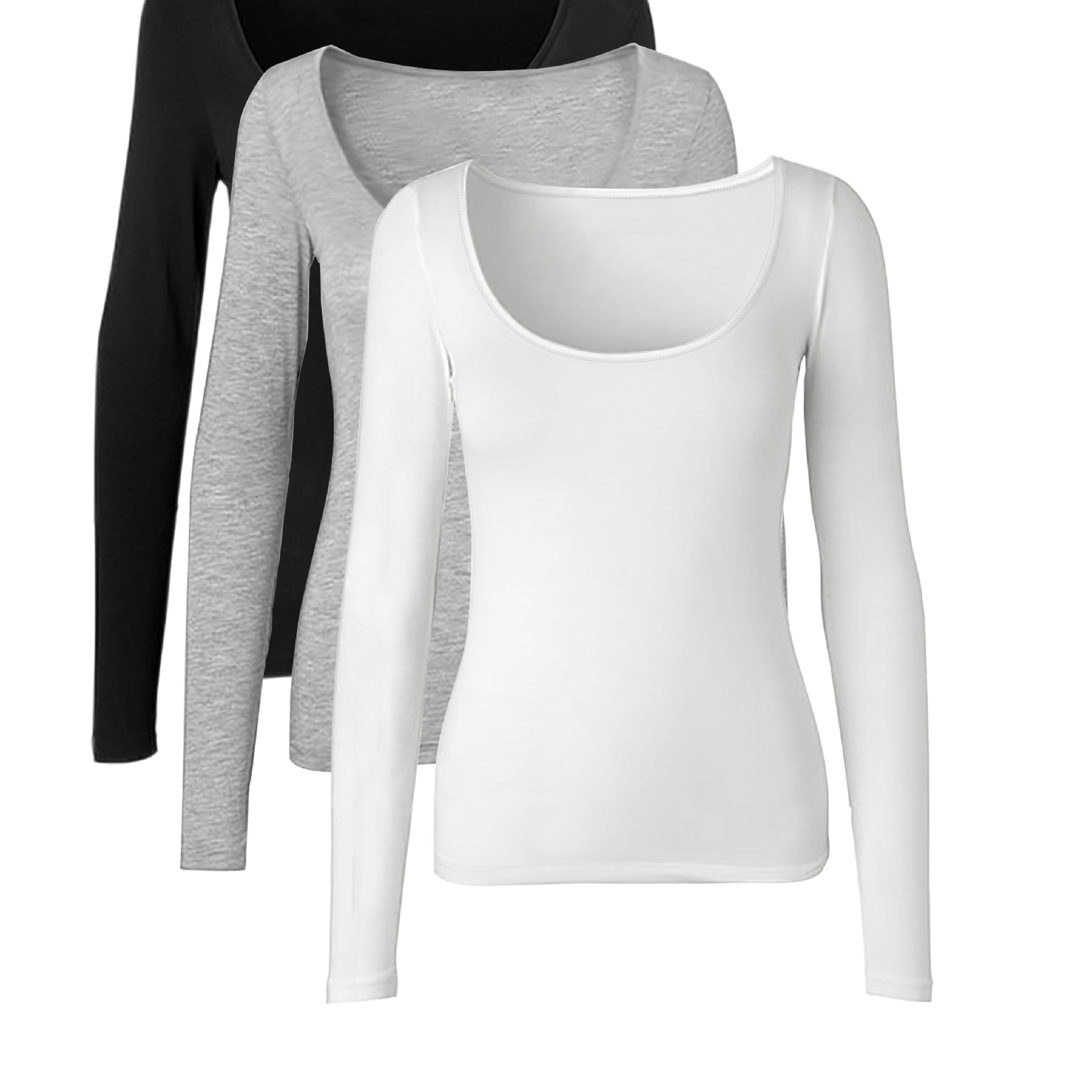 

3pcs Stretchy Slim-fit Casual Tops For Women - Long Sleeve, Crew Neck In Black, White, & Gray - High Elasticity Polyester-spandex , Machine Washable, Casual Wear Tops| Tops|seamless