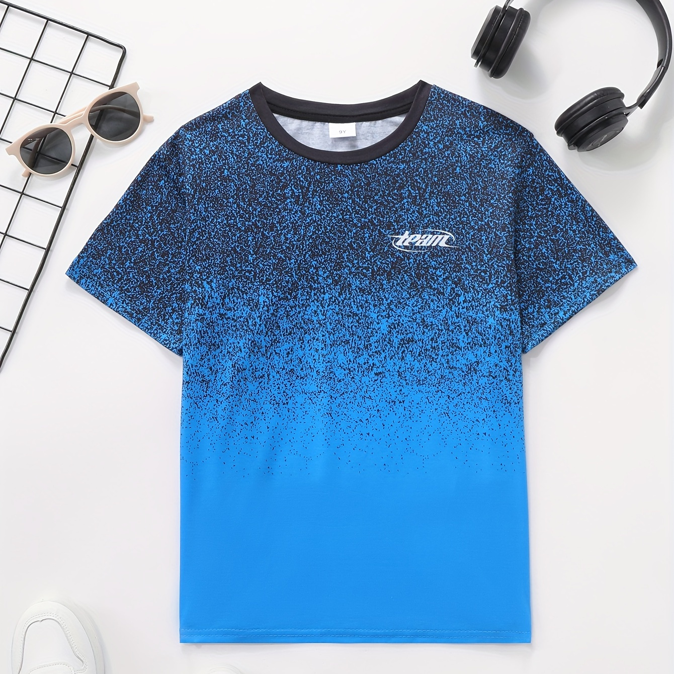 

Children's Gradient Color Vitality T-shirt, Boys Summer Sports Lightweight Comfy Round Neck Short Sleeve Casual Top