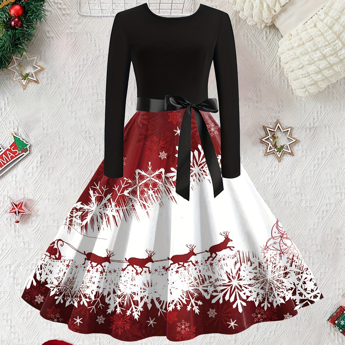 

Elegant Vintage-inspired Christmas Reindeer & Dress - Long Sleeve, Crew Neck With Tie Waist, Machine Washable - Fall/winter