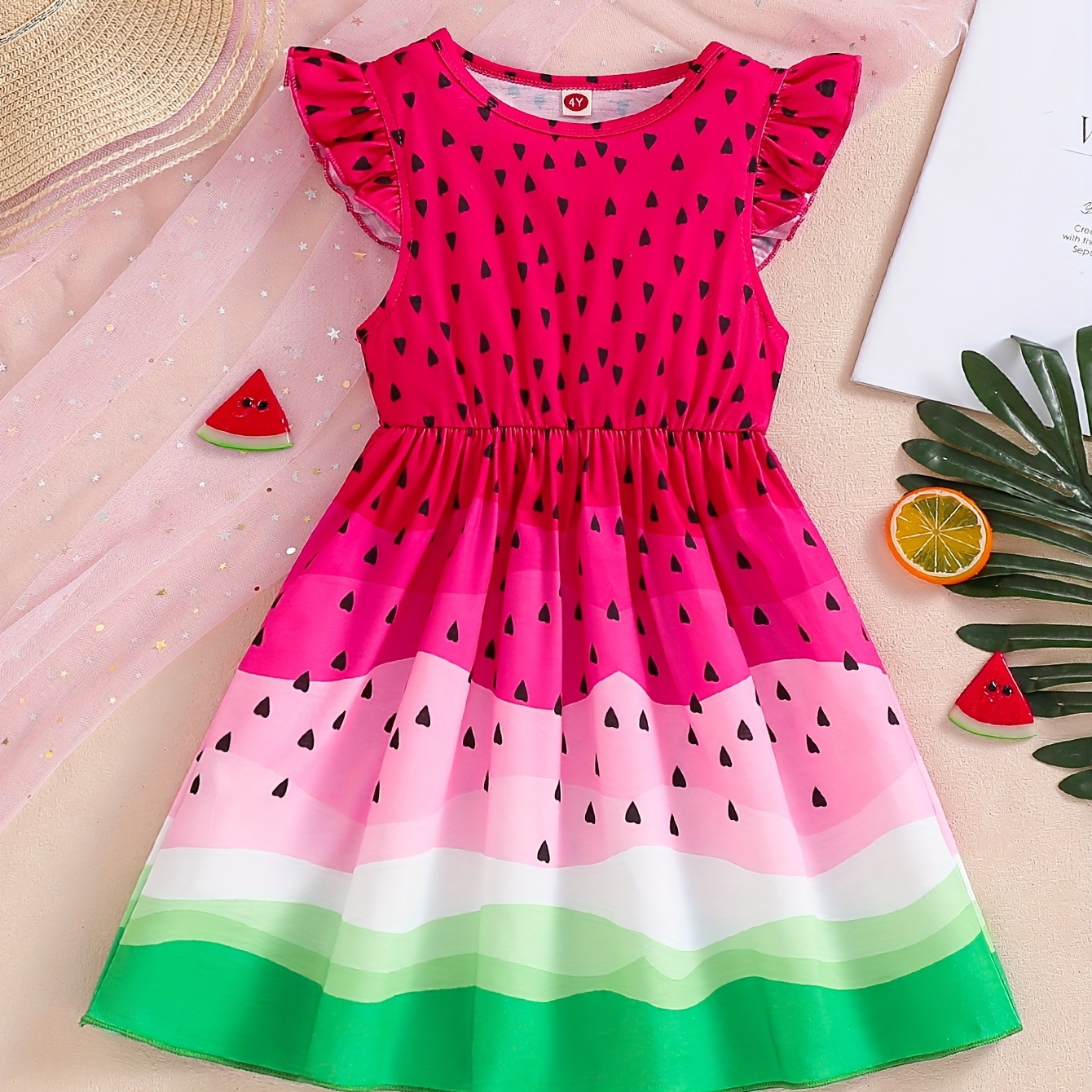 

Watermelon Fun: Girls Fruit Print Ruffle Sleeve A-line Dress Vacation Casual Dresses For Girls, Summer Gift