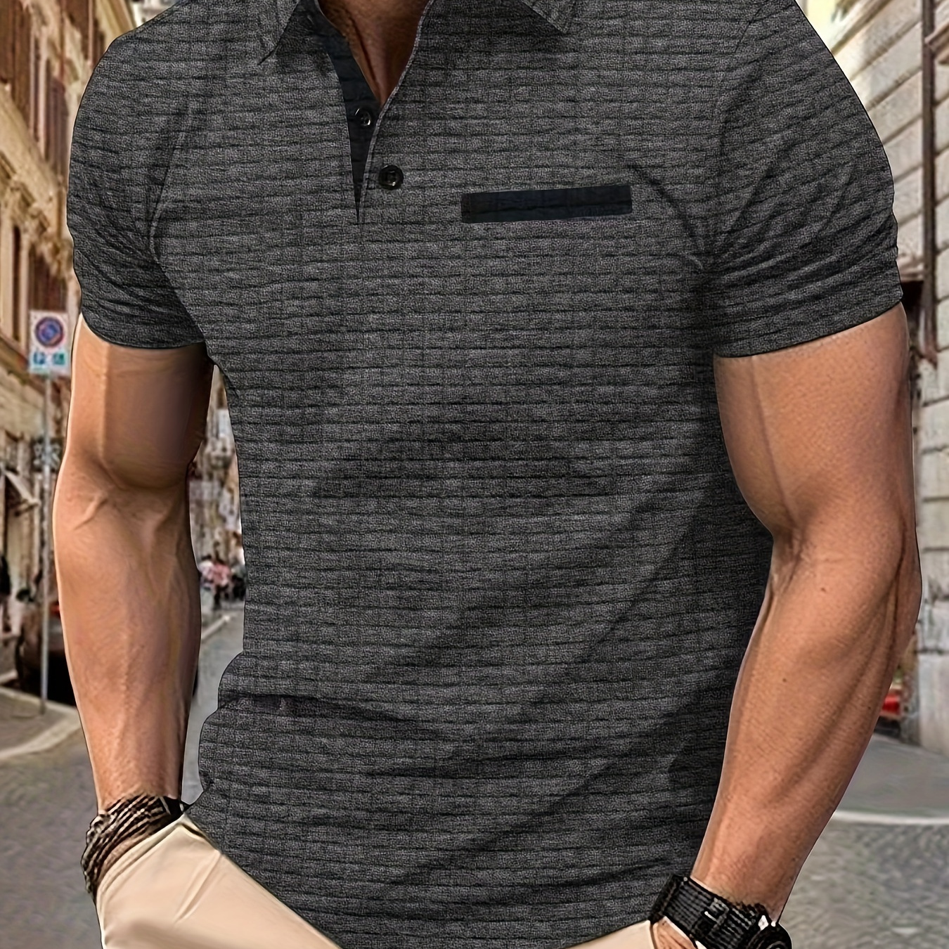 

Breathable Regular Fit Waffle Golf Shirt, Men's Casual Short Sleeve Lapel Shirt With Chest Pocket For Summer, Men's Clothing