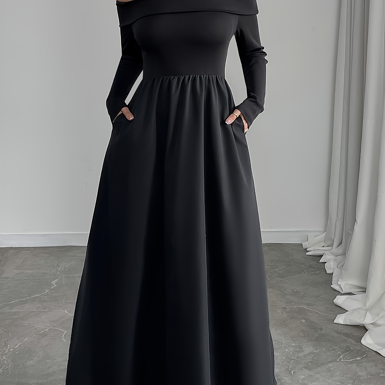 

1pc Elegant Off-shoulder Long Sleeve Maxi Dress For Women, A-line Twist Front With Pockets, Solid Color, Polyester 95% Elastane 5%, Stretch, All