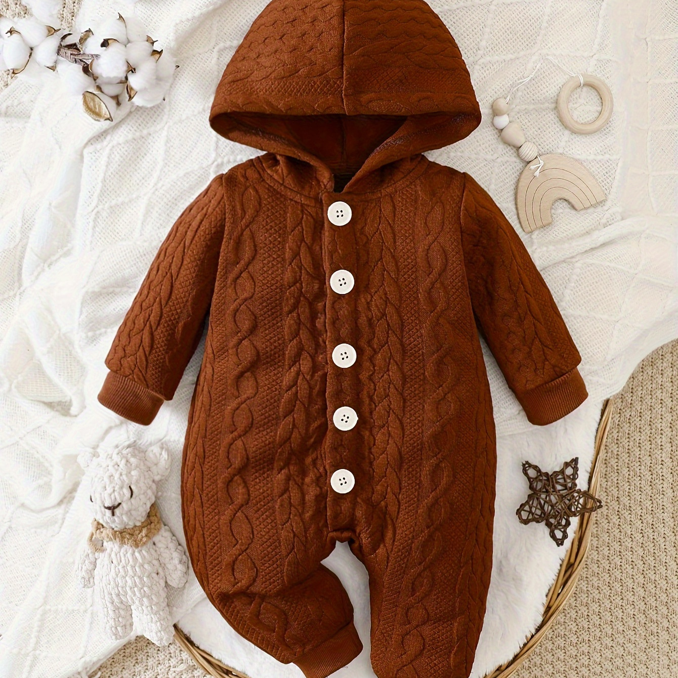 

Baby's Solid Color Jacquard Casual Hooded Long Sleeve Romper, Toddler & Infant Boy's Bodysuit