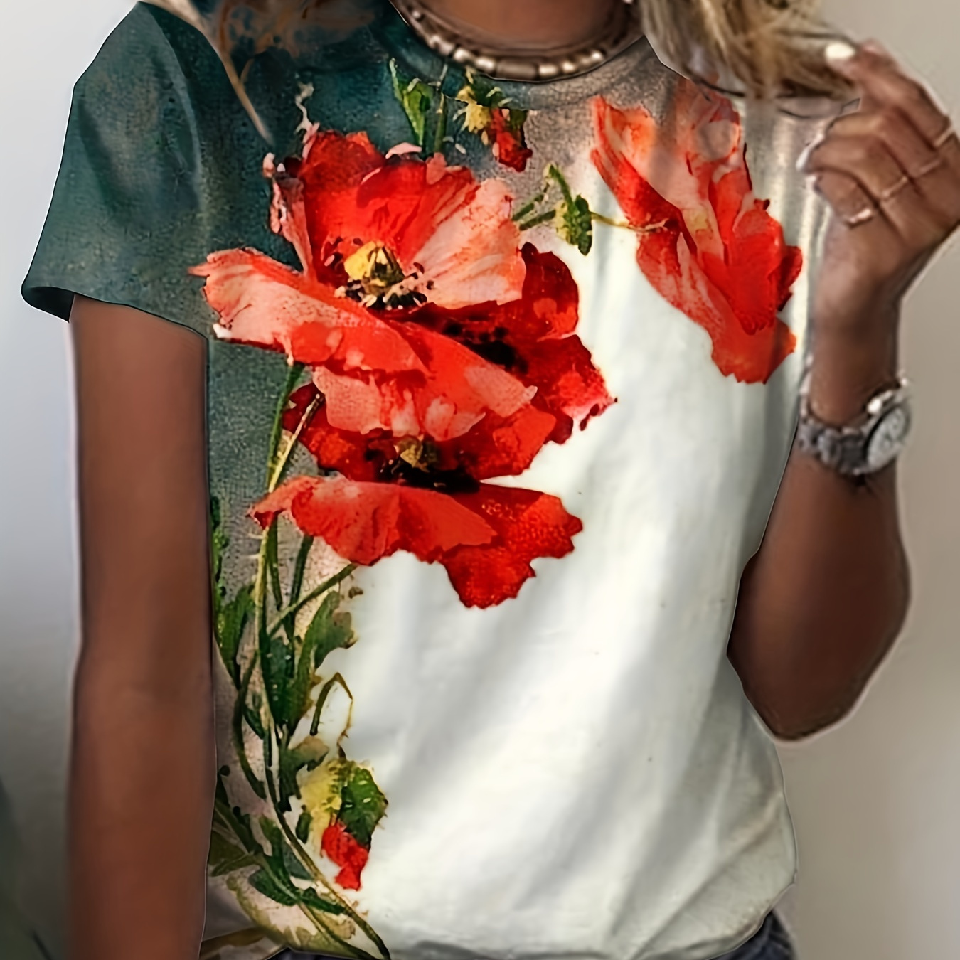 

Vintage Floral Print T-shirt, Casual Crew Neck Short Sleeve Summer T-shirt, Women's Clothing