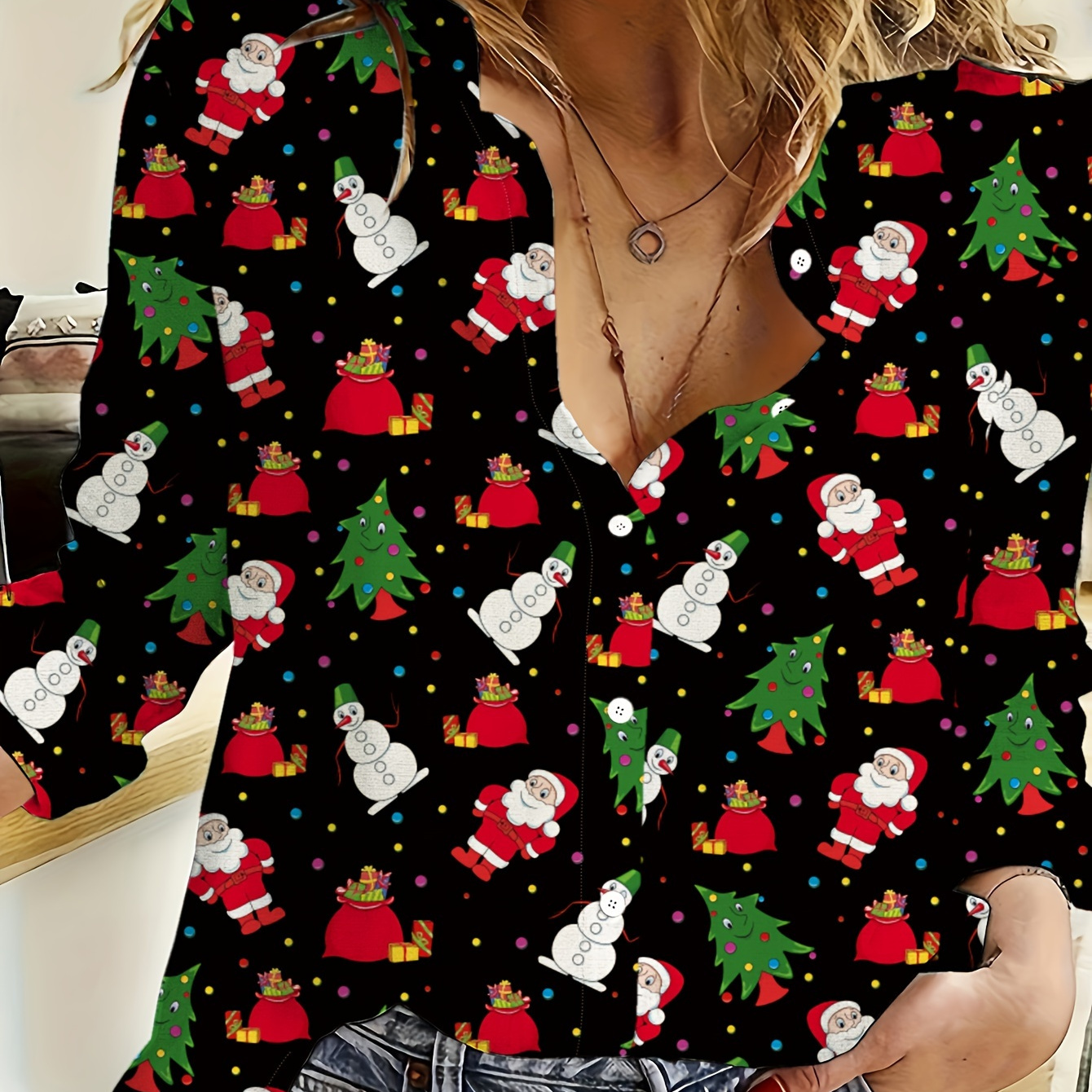 

1pc Christmas Print Long Sleeve Shirt For Women, Casual Polyester Lapel Collar Blouse With Button , Woven Santa And Tree Pattern, Shirting