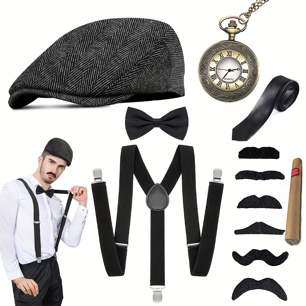 1920s Men Gatsby Costume Accessories, Fancy Dress Accessories Set with  Fedora Hat/Y-Back Elastic Suspender/Necktie/Bow Tie/Pocket Watch for Prom