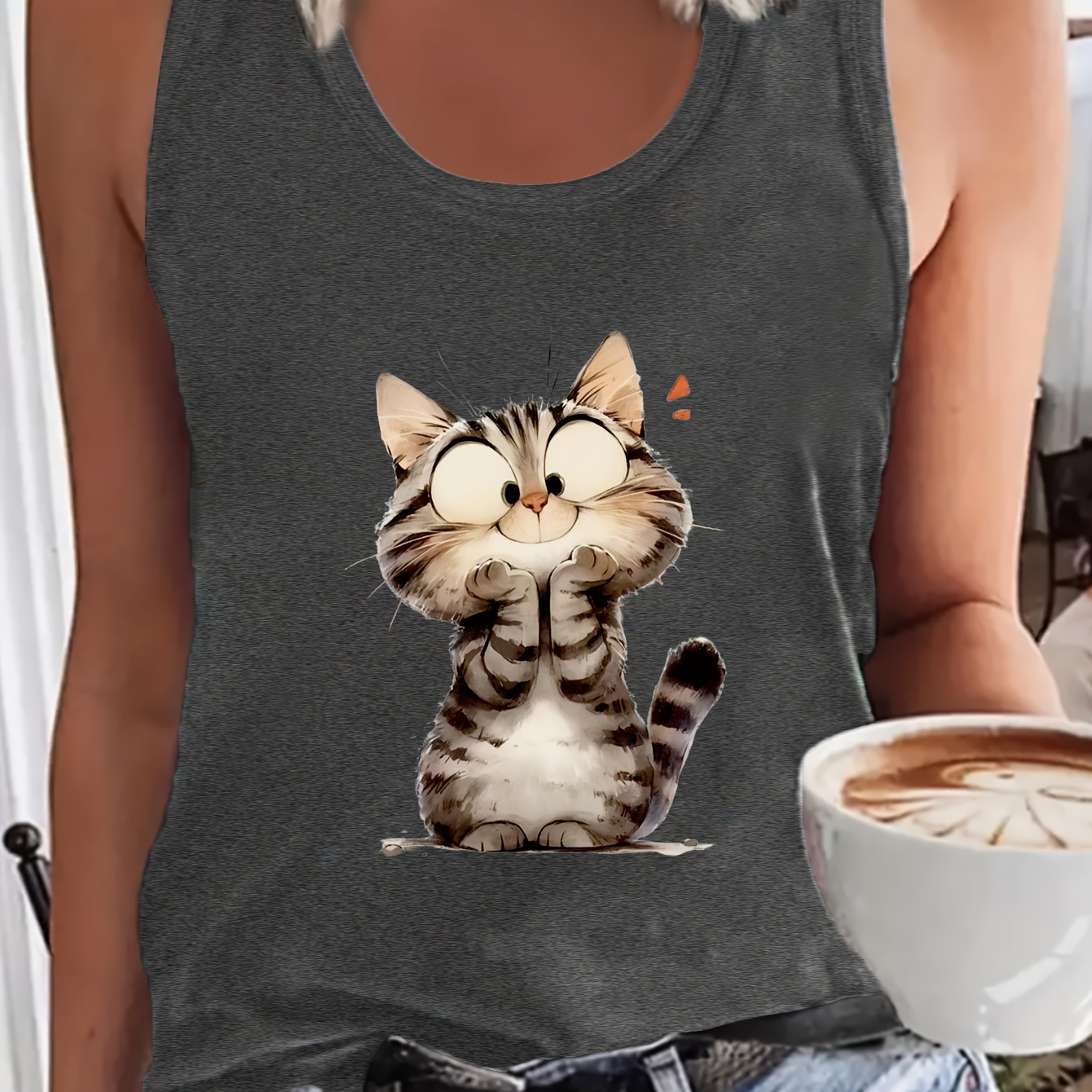 

Women's Cute Cat Graphic Tank Top, Casual Sleeveless Crew Neck Polyester Knit Fabric Shirt, Animal Print Summer & Spring Fashion, 95% Polyester 5% Spandex, Regular Length - All